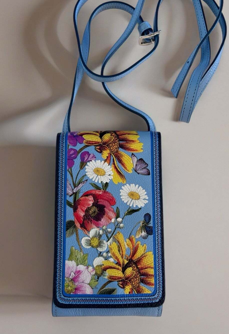 Brighton Botanical Blue Floral Leather Crossbody Phone Organizer